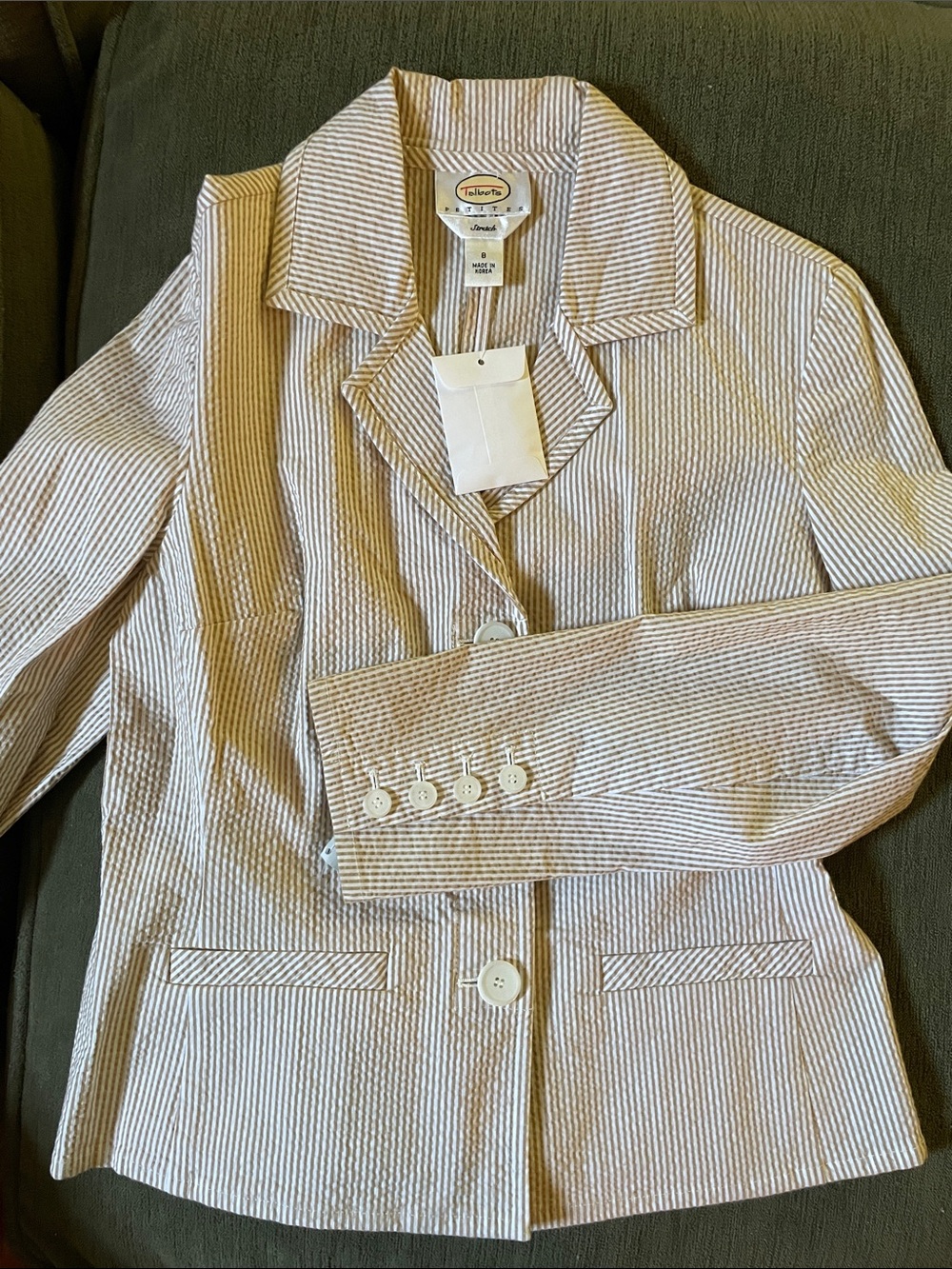 Talbots Cream and Tan Striped Seersucker Blazer